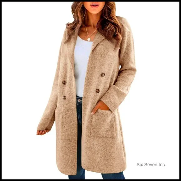 Chunky Knit Cardigan Coatigan Open Front Lapel Collar Casual Elegant Sweater - Picture 1 of 6